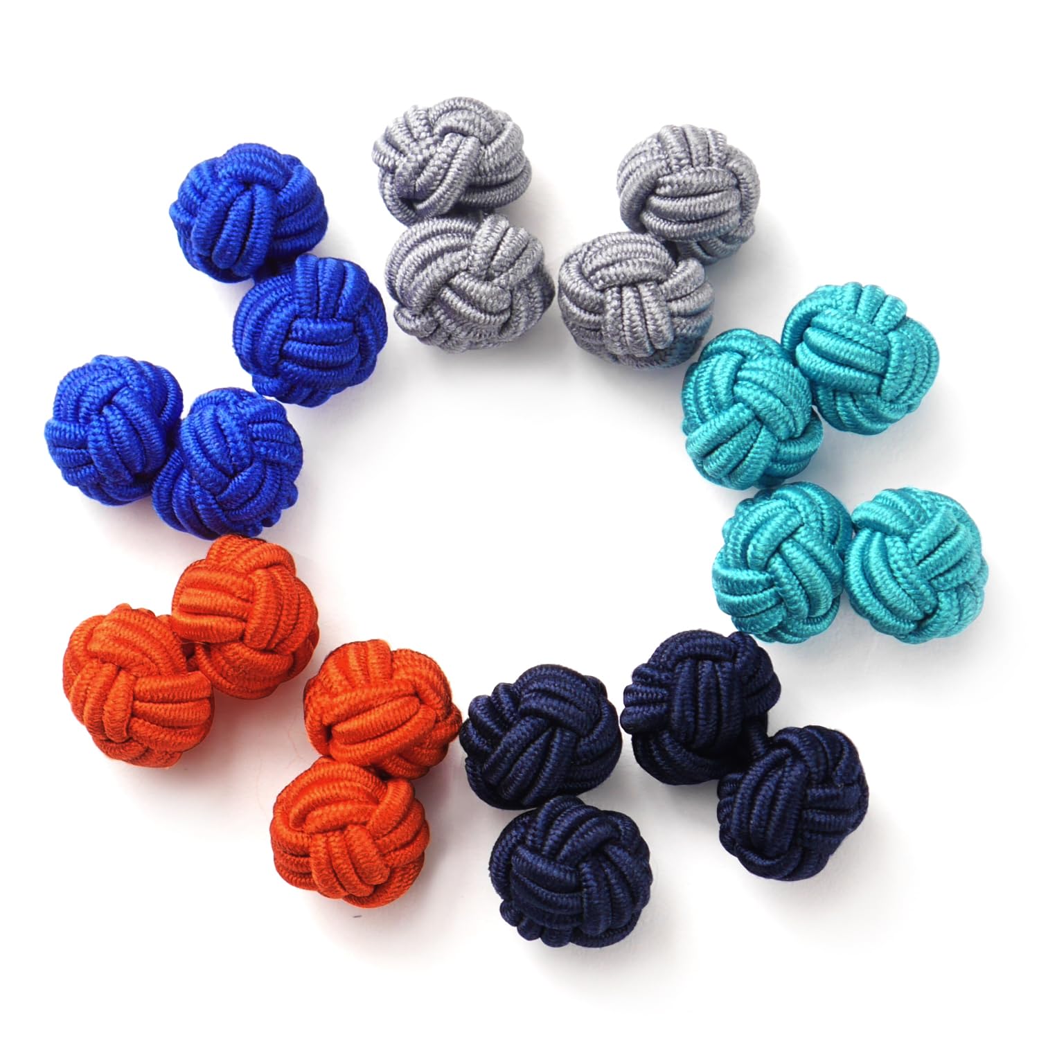 HONEY BEAR 5 Pairs Mens/Women Silk Fabric Knot Twisted Cufflinks Set, for Shirt/Dress Business Wedding,Round Shape (Blue Orange Grey without box)