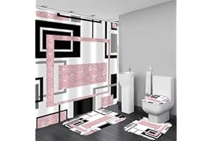 Yddsky 4 Pcs Pink Geometric Shower Curtain Sets Non-Slip Bath Rugs, Toilet Cover, U-Shaped Mat, Pink Geometric Modern Bathroom Decor with 12 Hooks, General size