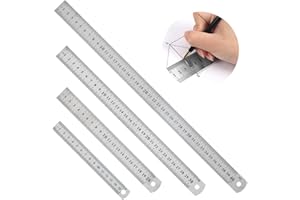 Metal Ruler Set, 4 Sizes Stainless Steel Rulers 15cm(6") 20cm(8") 30cm(12") 40cm(16") Dual Scale Metric Imperial, Measuring T
