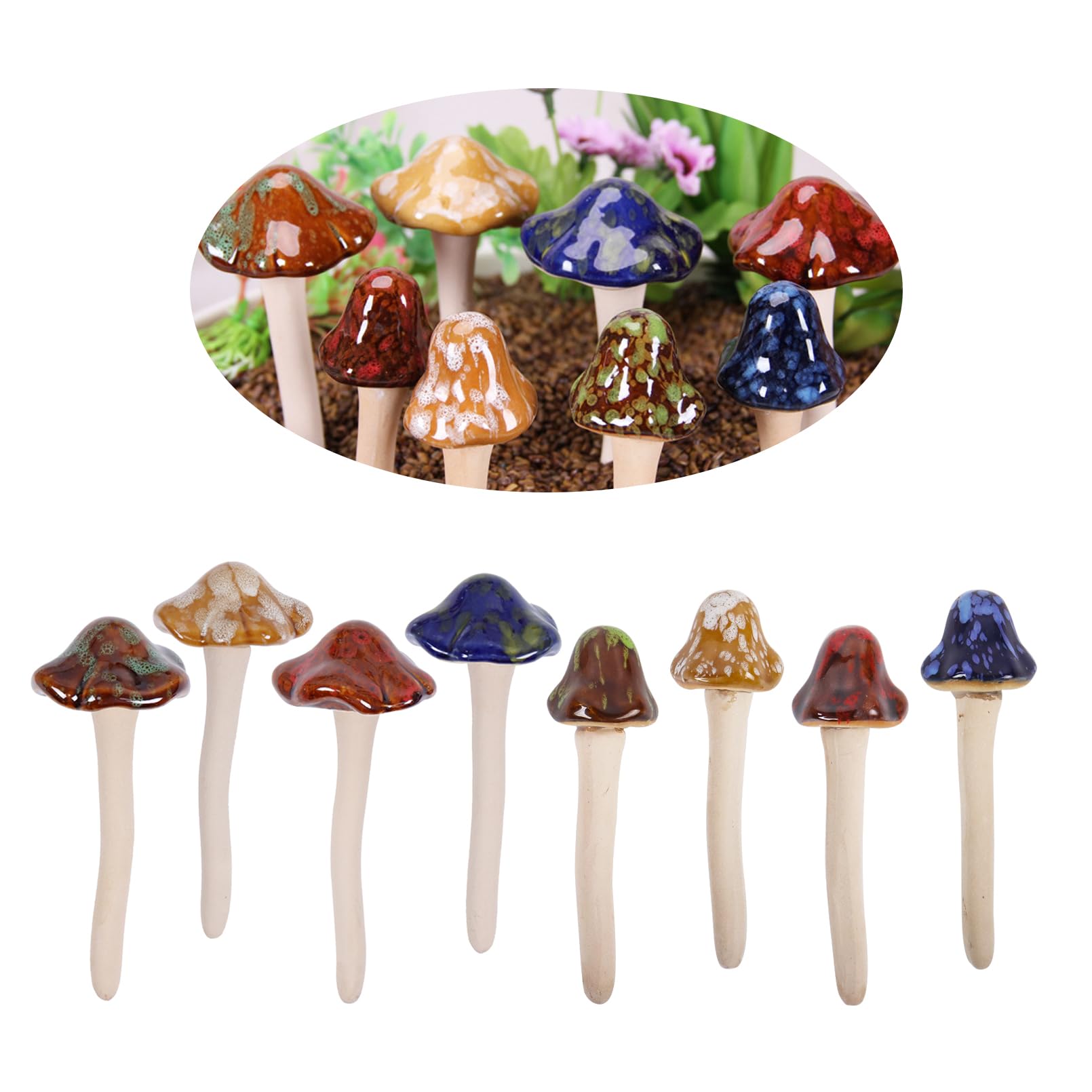 Nwvuop 8 Pack Mushroom Garden Ornaments Ceramic Garden Mushroom Set, Small Fairy Garden Ornaments Outdoor(12× 5cm, 12× 3.5cm)