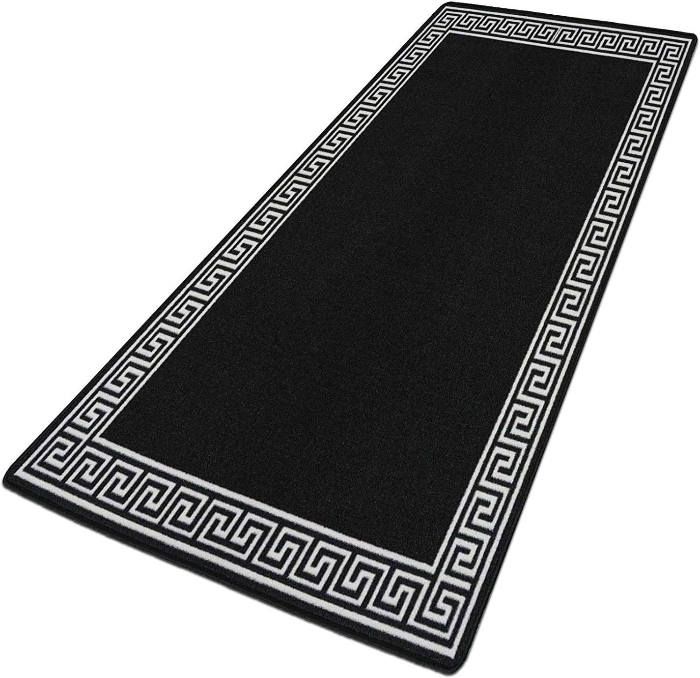 Carpet Runner for Hallways Bedroom Living Room Kitchen Narrow Hall Small Medium Large Extra Long Area Rugs Carpets - 80 x 150cm (2ft 6" x 5ft) Dark Grey & Cream Greek Key Non Slip Backing Mats