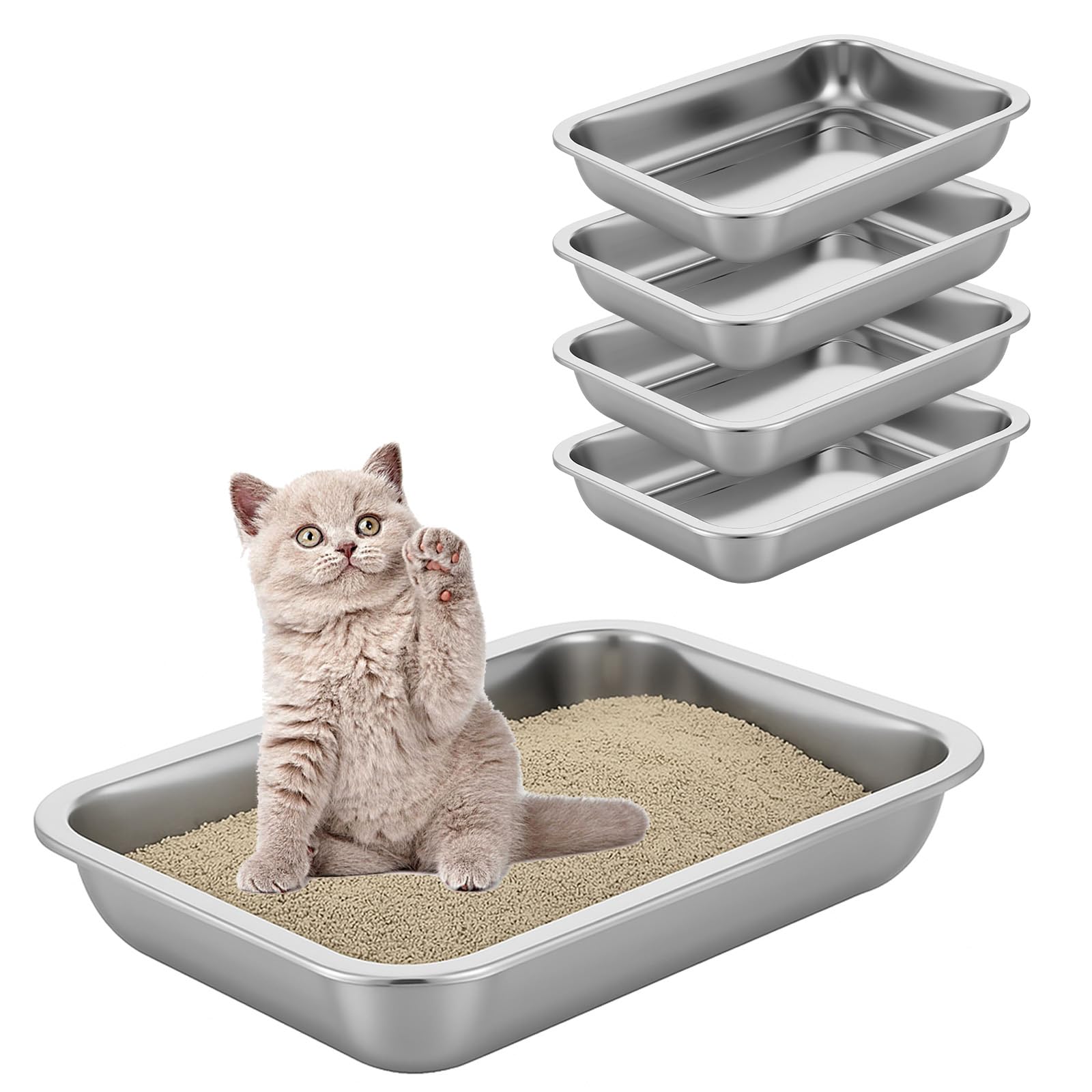 Photo 1 of 5 Pack 10.4" L x 7.6" W Small Stainless Steel Low-Entry Litter Box, Kitty Shallow Litterbox, Metal Cat Open Pan Potty, Easy Clean, Non Stick, No Smell, for Kitty, Rabbits, Guinea Pig, Puppy, Hamsters