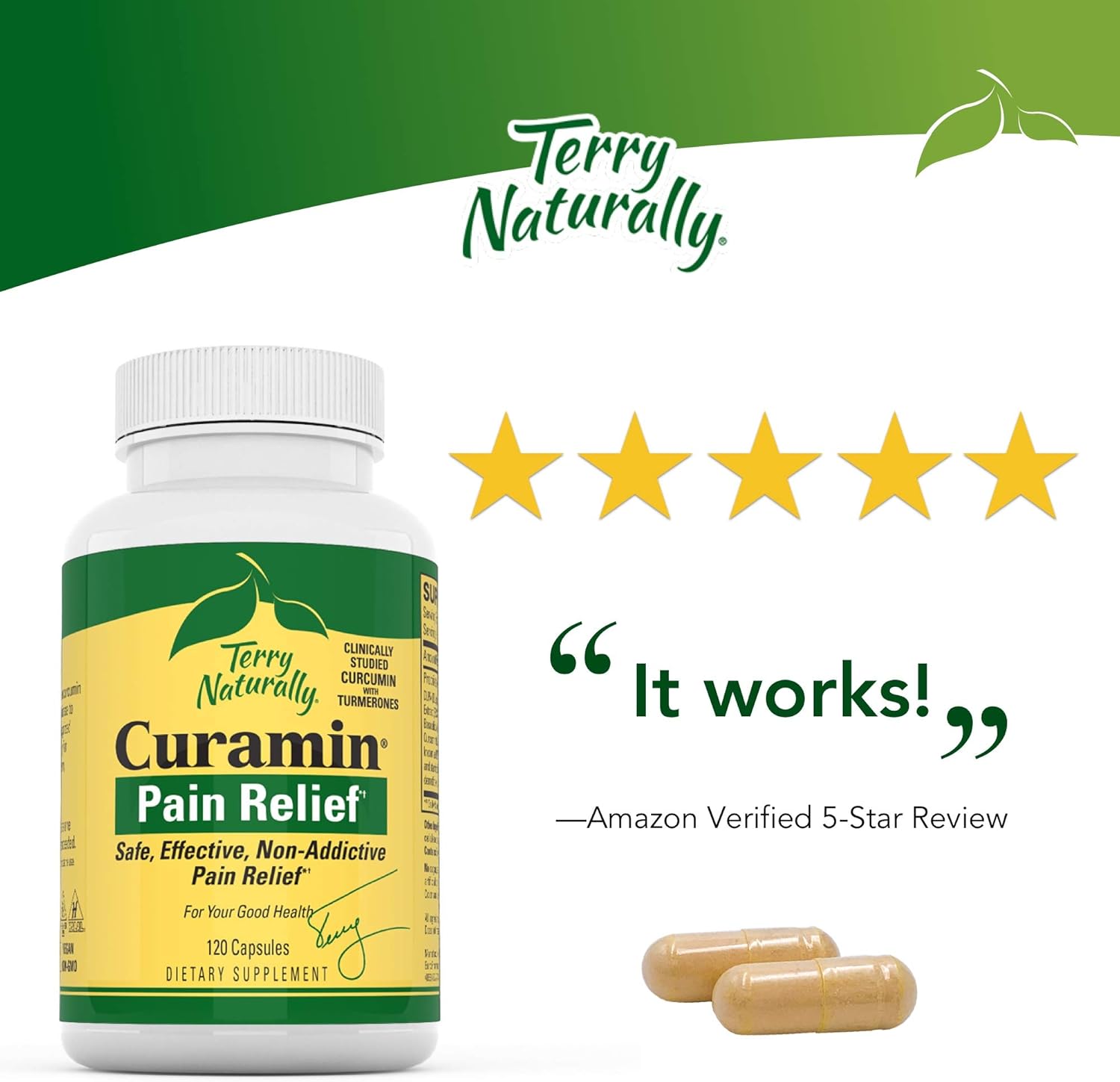 Terry Naturally Curamin - 120 Vegan Capsules - Non-Addictive Pain Relief Supplement with Curcumin from Turmeric, Boswellia & DLPA - Non-GMO, Gluten-Free - 40 Servings: Health & Personal Care