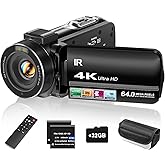 ZYDIIE 4K Video Camera Camcorder UHD 64MP Vlogging Camera for YouTube 18x Digital Zoom 3" 270° Rotation IPS Touchscreen Video Camcorder with Night Vision, Remote Control, 32GB Card, 2 Batteries
