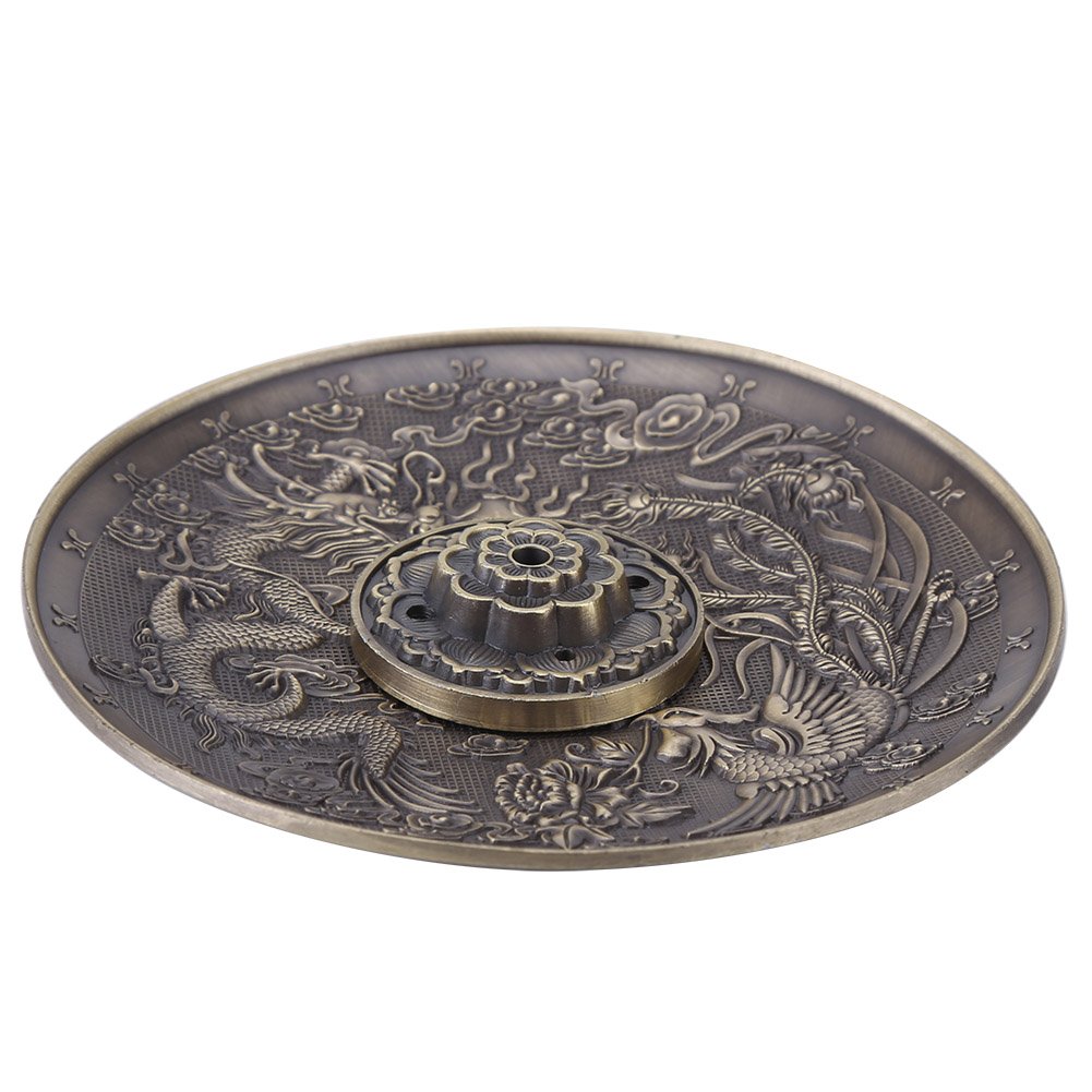 Zinc Alloy Incense Stick Burner Holder Chinese Dragon Pattern Censer Plate Buddhism Censer Incense Plate for Bedroom,Temple, Office (Bronze)