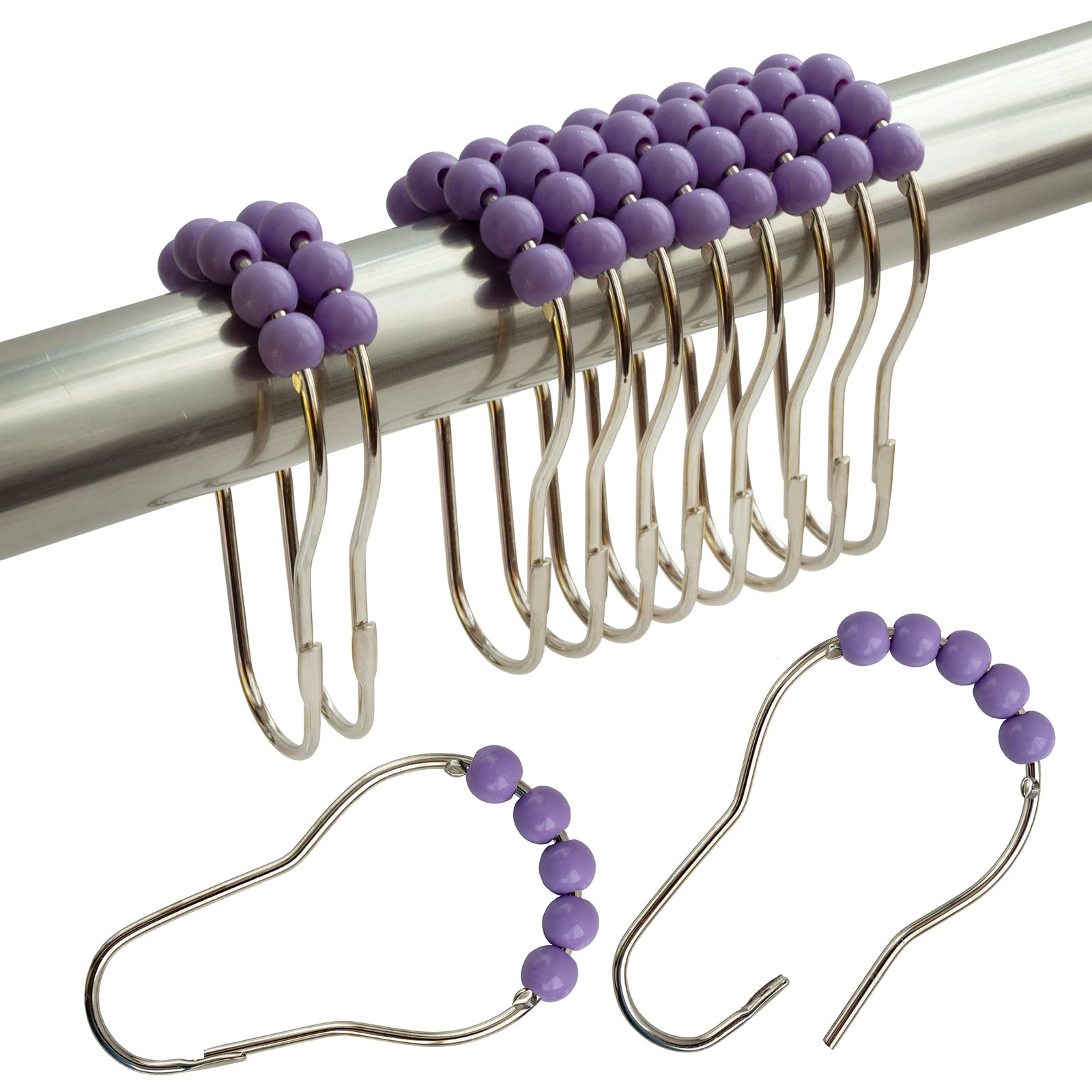 Shower Curtain Hooks Rings Stainless Steel Shower Hooks Light Purple Acrylic roller Balls Rustproof Heavy Duty for Bathroom Curtain(Light Purple)