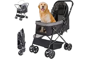 LPOTIUS Dog Stroller for Large Medium Dogs & Cats with Reversible Handle, Foldable Pet Stroller Travel Carriage with Large Storage Basket, Black