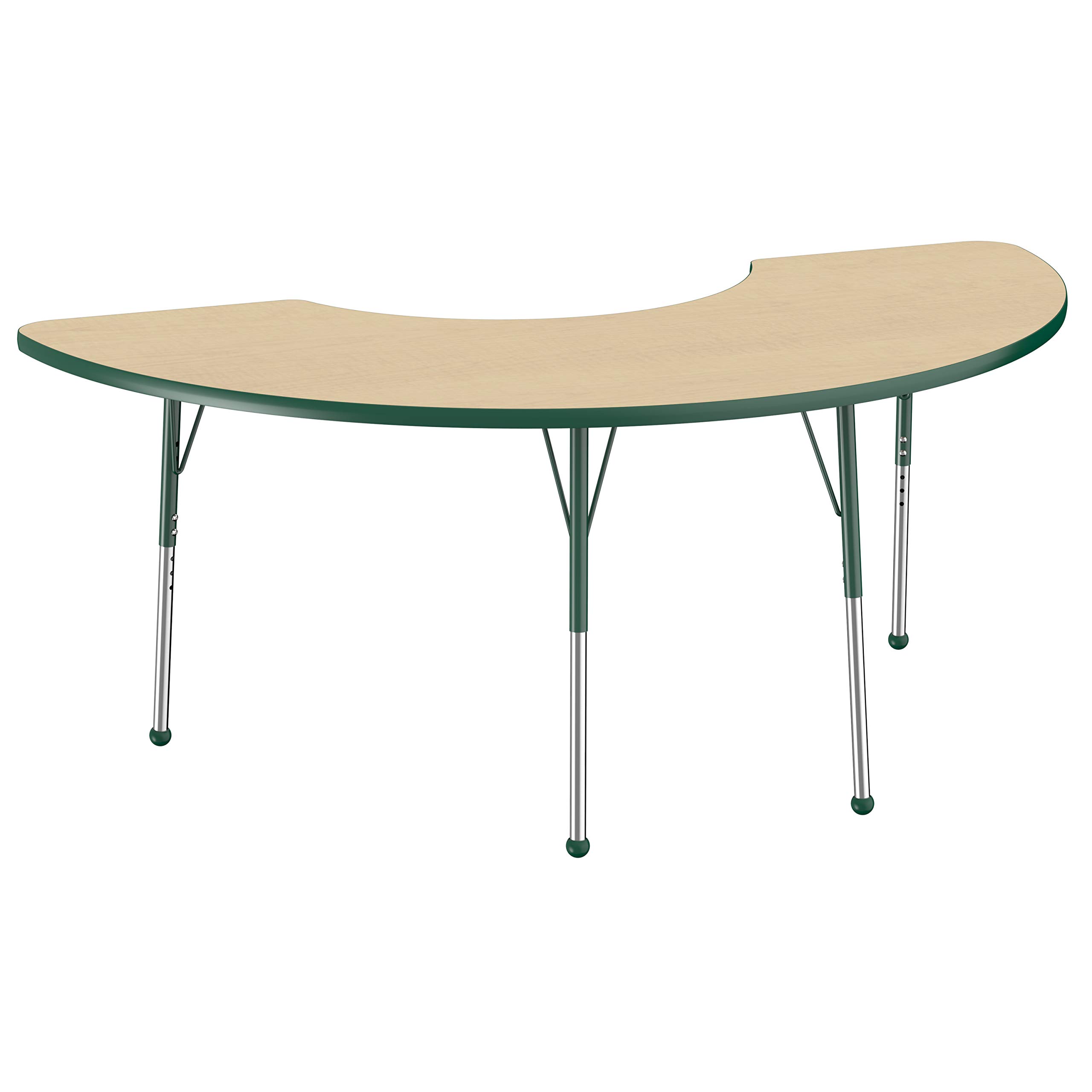 Photo 1 of ***SEE CLERK COMMENTS*** FDP Half Moon Activity School and Office Table (36 x 72 inch), Standard Legs with Ball Glides for Collaborative Seating Environments, Adjustable Height 19-30 inches - Maple Top and Green Edge