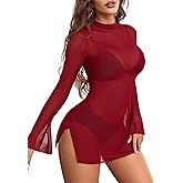 Avidlove Mesh Mini Dresses for Women Bell Sleeves Bodycon Turtle Neck Split Lingerie Dress Vacation Party Outfits Clubwear