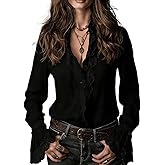 Melliflo Women's Vintage Ruffle Lace Trim Button Down Blouse Elegant Long Sleeve Collared Shirts Casual Loose Fit Solid Tops