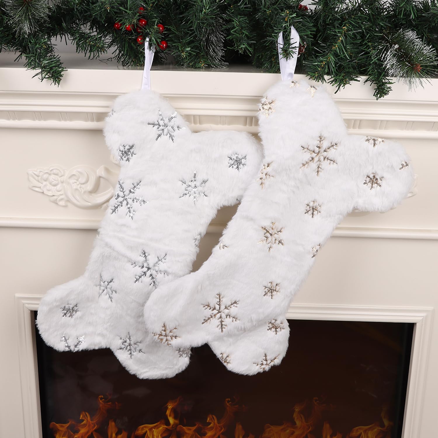 DIYASY 2 Pack Dog Christmas Stocking, 17×10 Inch Bone-Shaped Xmas Stockings Large Fur Stocking for Pets Dogs