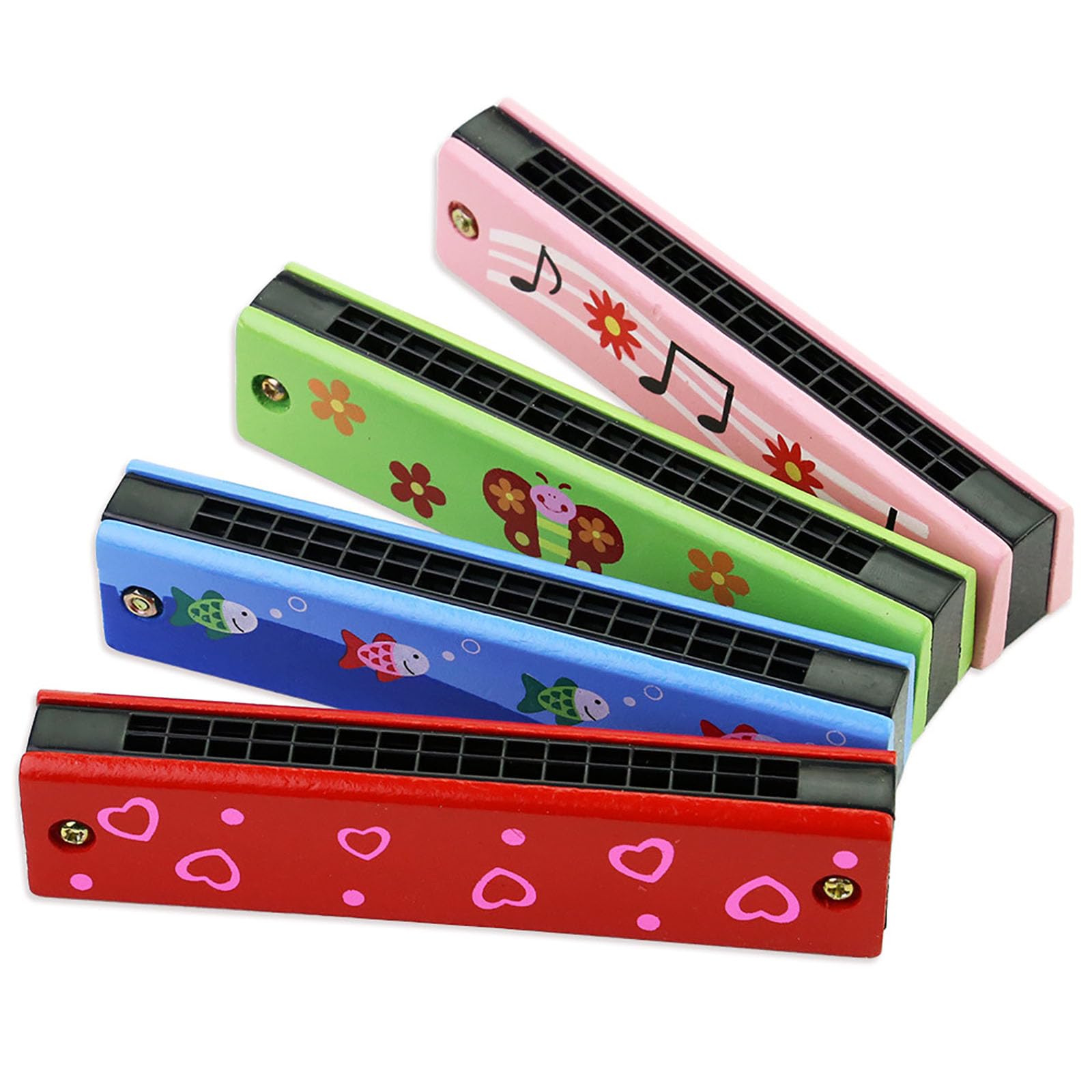 4Pcs Harmonica Printed Cartoon Harmonica with 16 Holes Mouth Organ Educational Wooden for Beginners