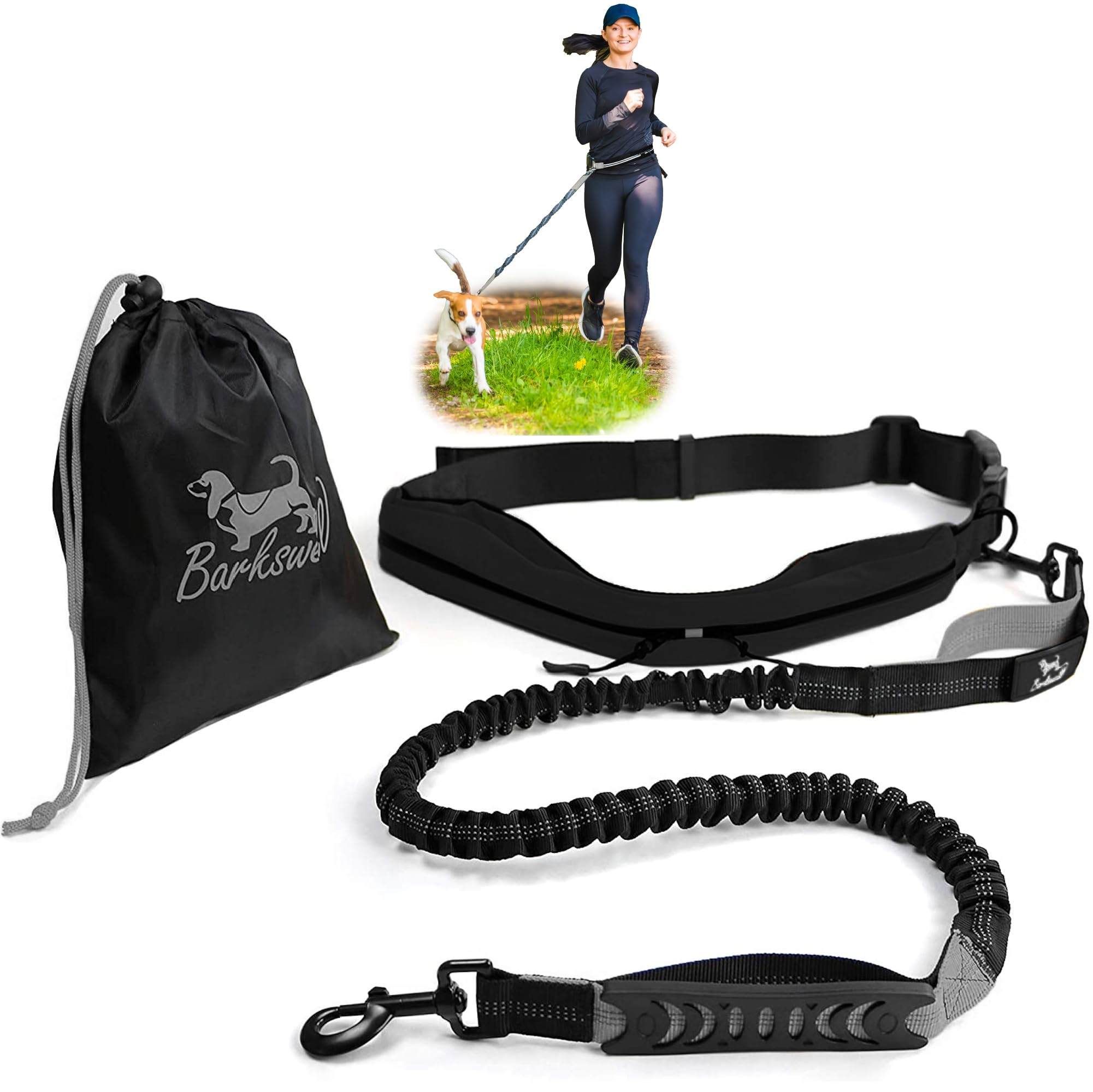 Barkswell Hands Free Dog Lead — Bungee Running Lead with Adjustable Waist Belt & 2 Zipped Pockets — Canicross, Jogging, Hiking & Walking Lead for Medium and Large Breeds up to 60kg