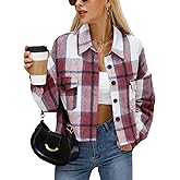 CYCLAMEN Women's Flannel Plaid Cropped Shacket Jacket Long Sleeve Button Down Crop Shirt Coat Fall Fashion Casual Outfits