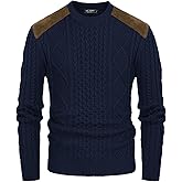 PJ PAUL JONES Mens Sweater Military Cable Knit Crewneck Vintage Long Sleeve Pulllover Sweaters with Suede Patchwork