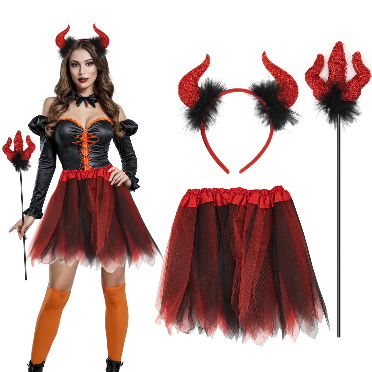 ALLY-MAGIC Devil Costume Women 3pcs Red Horns and Fork Tutu Skirt Set Halloween Outfit for Adult Fancy Dress Cosplay Accessory Y7CREMTZ