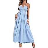 Floerns Women's Vacation Holiday Halter Long Dress Bowknot Back Ruffle Flowy Maxi Dresses