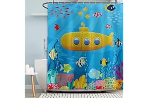 Moslovstar Yellow Cartoon Submarine Shower Curtain for Boys Girls Kids Bathroom Funny Decor, Undersea World Fabric Bath Curtain, 72 by 72 Inch