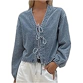 OYOANGLE Women's Tie Front Jean Blouse Oversized Lantern Long Sleeve V Neck Denim Tops