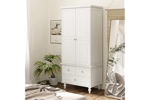 ECACAD Wardrobe Closet Armoire with 2 Doors, 3 Drawers, 4-Tier Storage Shelves & Hanging Rod, Wooden Clothes Storage Cabinet for Bedroom, White (31.5”W x 19.7”D x 70.9”H)
