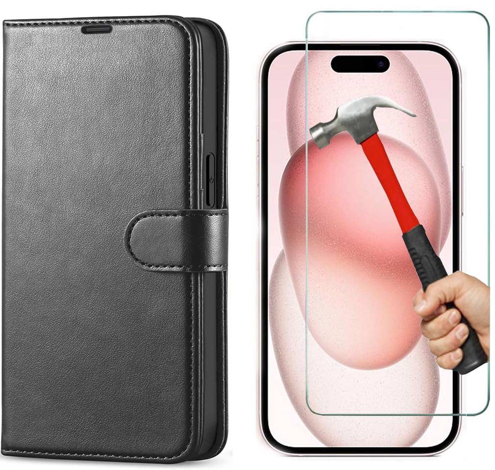 KP TECHNOLOGY Case and Screen Protector for iPhone 15, iPhone 15 Leather Case, iPhone 15 Book Flip Leather Wallet Cover with Tempered Glass Screen Protector for iPhone 15 (BLACK)