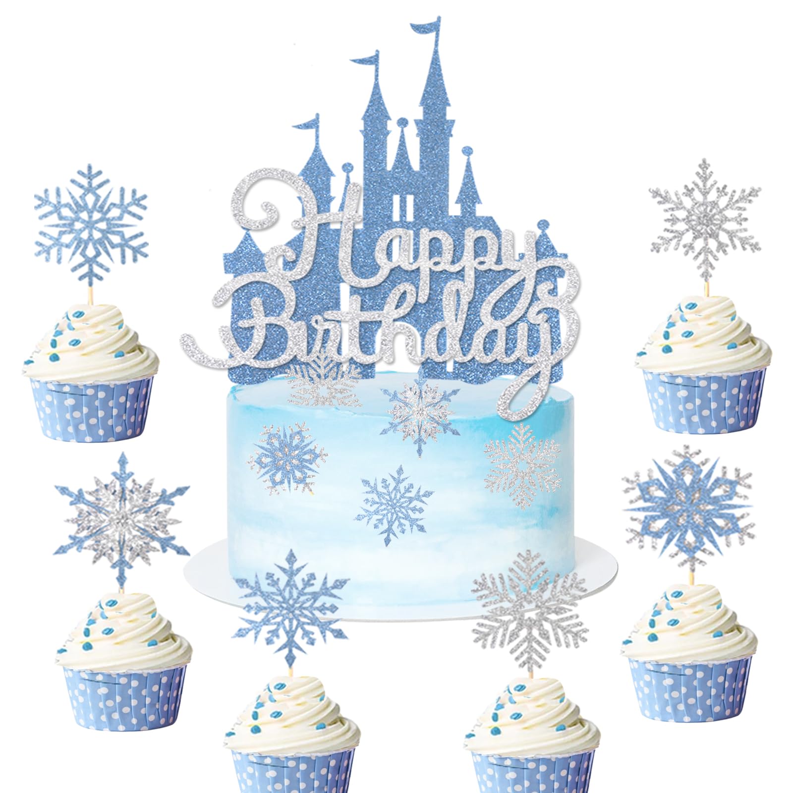 Photo 1 of Wootkey 26Pcs Ice Castle Cake Toppers Double Layer Silver Blue Snowflake Cupcake Toppers Winter Wonderland Cake Decorations for Princess Happy Birthday Baby Shower Halloween Party Supplies