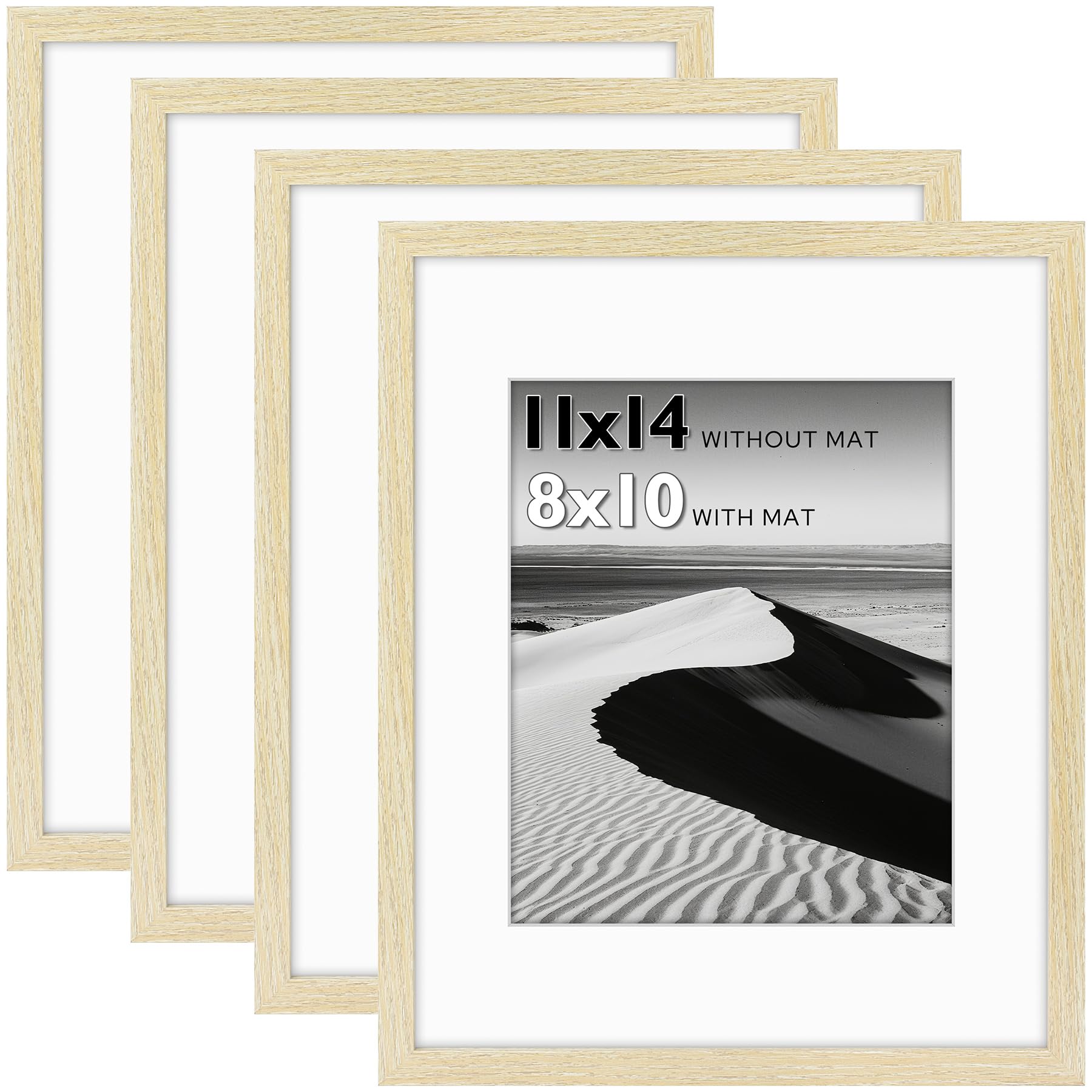 Photo 1 of 11x14 Picture Frame Set of 4, Display 8x10 Photo with Mat or 11x14 Art Print without Mat, Made of Engineered Wood Covered by Plexiglass, Beige Picture Frames Collage Wall Decor, Gallary Wall Frame