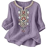 CRNTCEM Embroidered Cotton Linen Tops for Women 3/4 Sleeve Summer Boho Peasant Gauze Dressy Blouses Beach Vacation Tunics