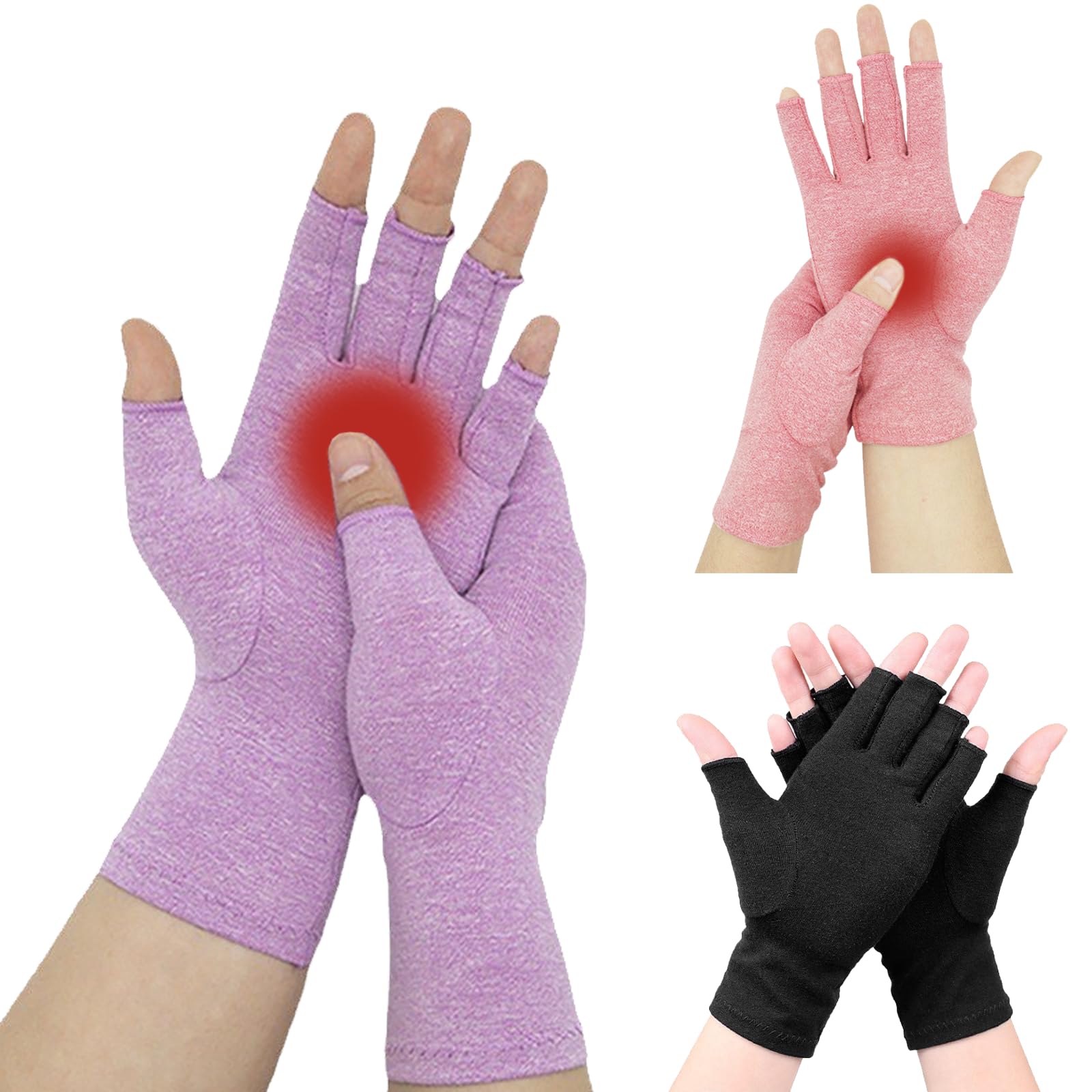 Bettinay 3 Pairs Compression Gloves, Non-slip Fingerless Gloves Women Men for Computer Typing, Dailywork