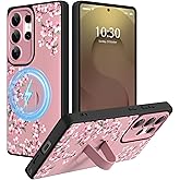 Ufbara Magnetic Case Compatible with Samsung Galaxy S25 Ultra for Women Men, Cute Flower Floral Pattern, Built in Adjustable Wrist Strap Grip Hand Holder Shockproof Kickstand Cover (Pink)