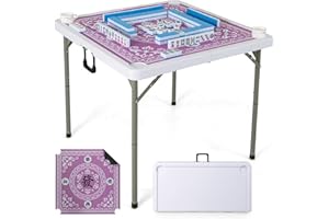 Giantex Folding Mahjong Table, 35" Square Card Table with Cup Holders, Removable Noise Reduction Mat, HDPE Tabletop, 4-Player Portable Domino Tables for Poker Blackjack Board Game (Pink)