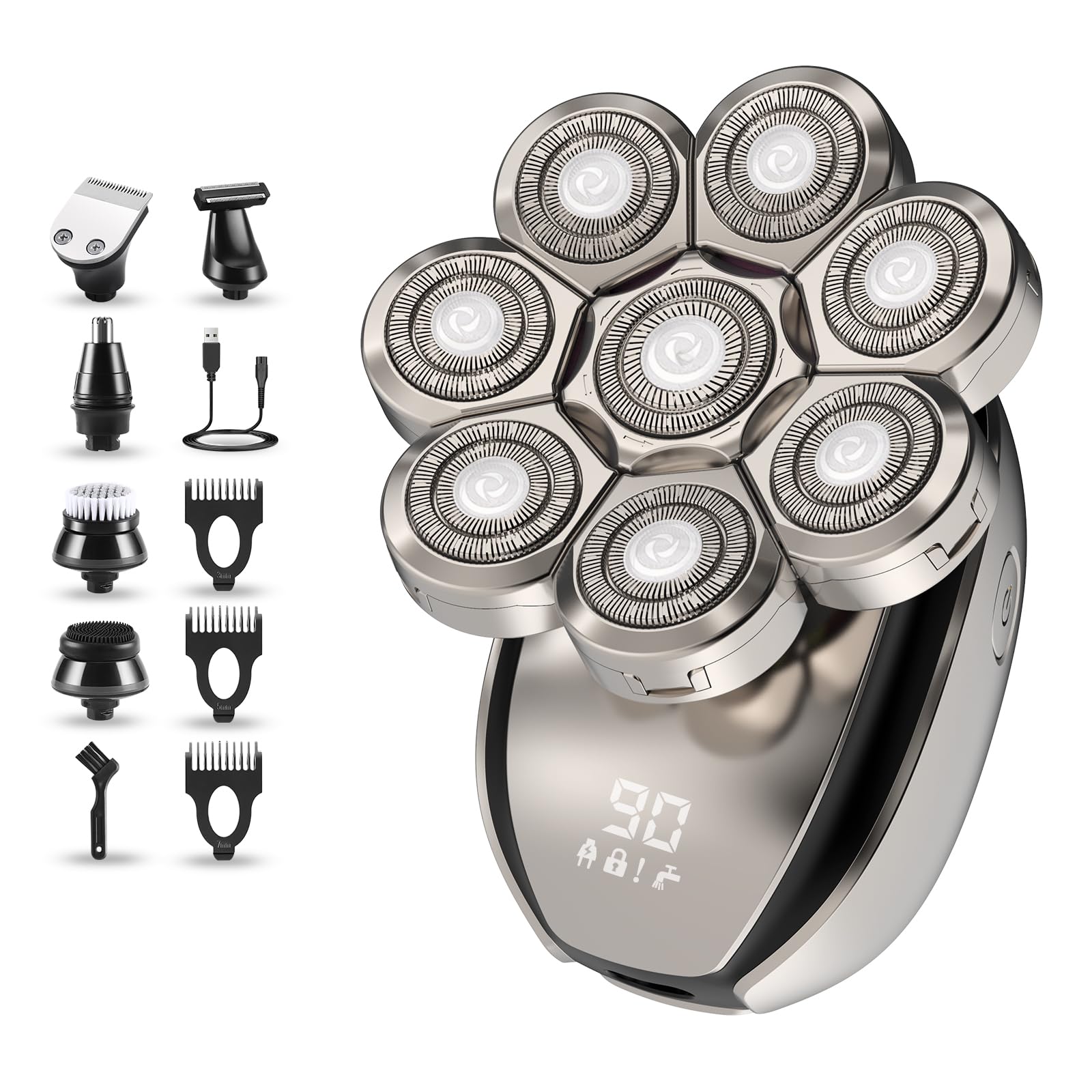 Mens Electric Shaver, 6-in-1 Head Shavers for Bald Men, IPX6 Waterproof Men's 8D Electric Head Razor, Wet&Dry Rotary Shaver Grooming Kit with Nose Beard Trimmer Hair Clipper