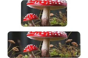 Red and White Mushroom Kitchen Mats for Floor 2PCS, Cushioned Anti-Fatigue Kitchen Rug, Memory Foam Velvet Runner Non Slip Co