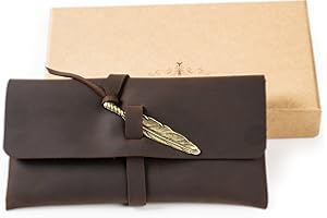 ANCICRAFT Vintage Simple Classic Soft Genuine Leather Pencil Pen Case Pouch Holder Bag Pocket Retro Gift (Dark Brown with Fea