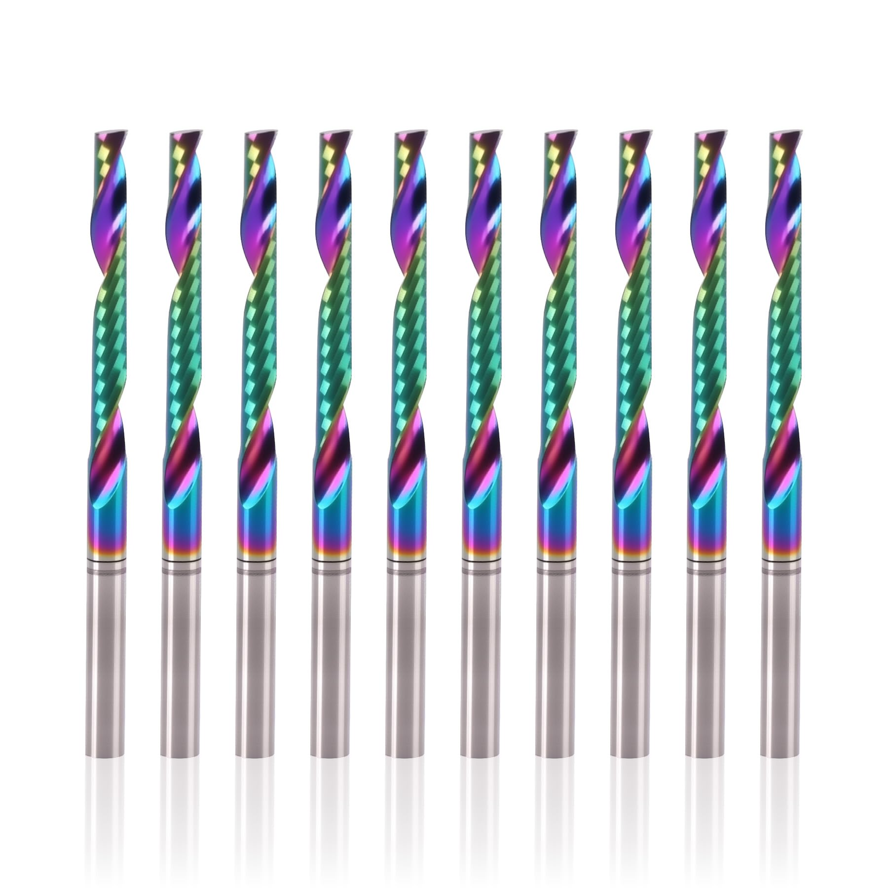 Photo 1 of BFVV 10 Pcs O Flute Up Cut Router Bits, 1/8-inch Shank Single Flute CNC End Mill, Spiral Solid Carbide Milling Cutters with DLC Coating, Ideal for Aluminum, Plastic, Acrylic, Wood, MDF and PVC
