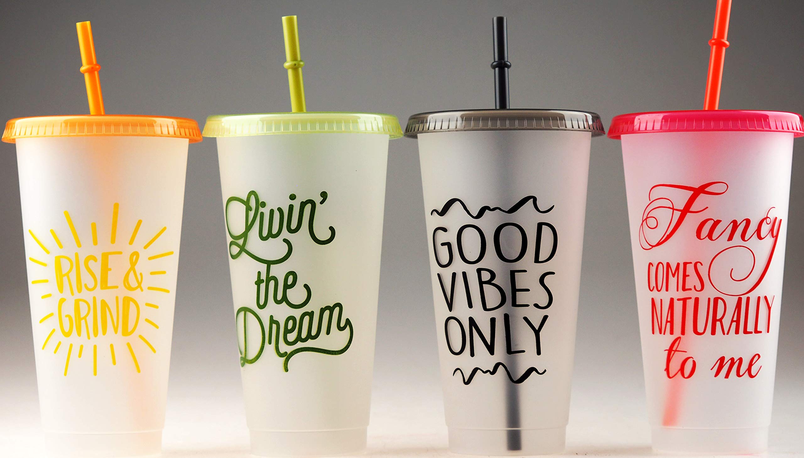 BWG 4 Plastic Reusable Eco Friendly Fun Slogan Cups With Lids And Reusable Straws