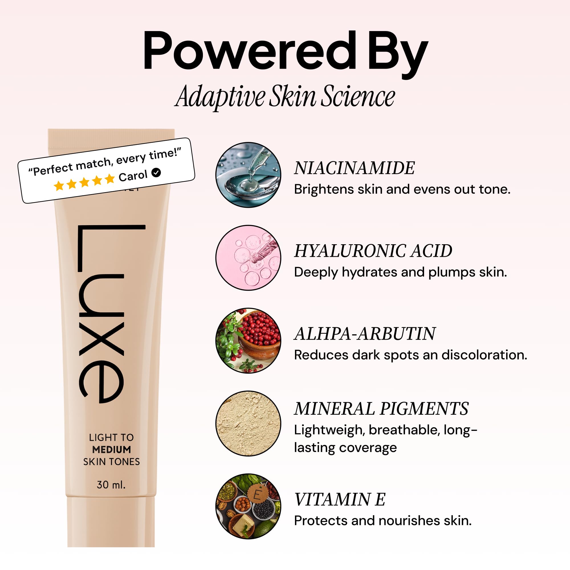 Luxe Cosmetics Luxe Color Changing Foundation for Women – Instantly Adapts to Your Skin Tone – Buildable Light-to-Medium Coverage – 12-Hour Wear – Natural Dewy Finish