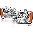 Headlight Assembly Compatible with Chevy Tahoe 2007 2008 2009 2010 2011 2012 2013 Chevy Avalanche Suburban 2007-2013 Head Lights Replacement Pair Driver Passenger Side, Chrome Housing Amber