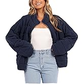 Misng Women's Oversized Quilted Jacket Lightweight Stand Collar Casual Padded Coat Fall Winter Long Sleeve with Zipper