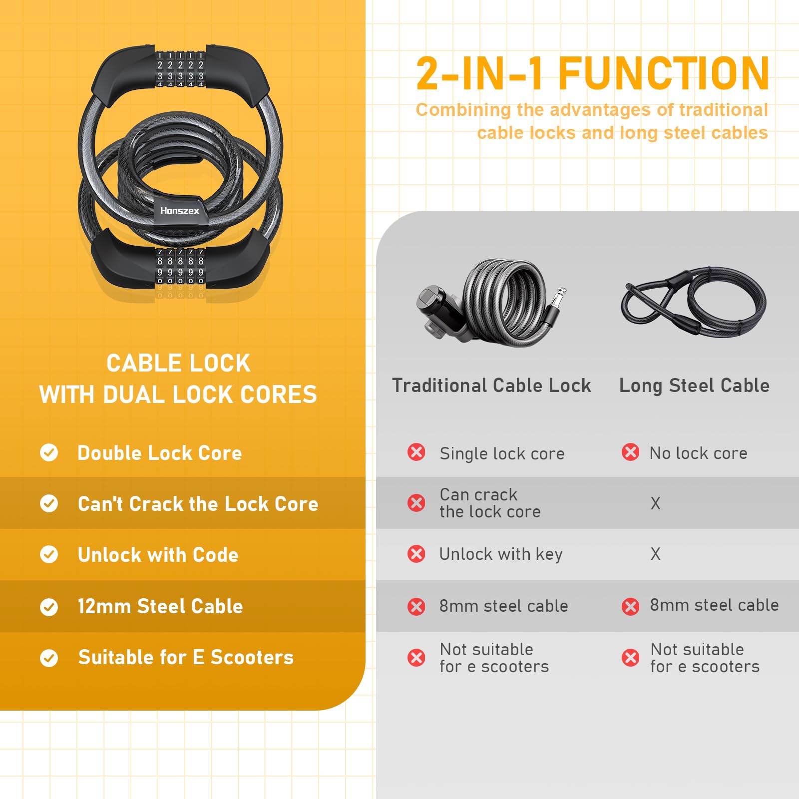 Honszex E Scooter Schloss, 5-stellig Kabel Schloss für E Scooter/Roller, Handschellenschloss, Zahlenschloss-Doppelschloss, Fahrradschloss, 105cm x 12mm, E Scooter Zubehör 5
