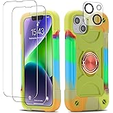 Cookiver for iPhone 14 Plus Case 6.7 Inch with Ring Stand, with 2 Pack Glass Screen Protector + 1 Pack Camera Lens Protector,Heavy-Duty Shockproof Military Grade Rugged Cover (Rainbow Green)