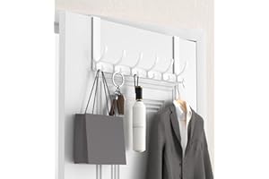 KitchLife Over The Door Hooks Hanger with 7 inches Extended Arms, Fits 1 3/8" Doors, F18U, Bathroom Towel Rack Organization, Thickened 6-Double Hook, Glossy White