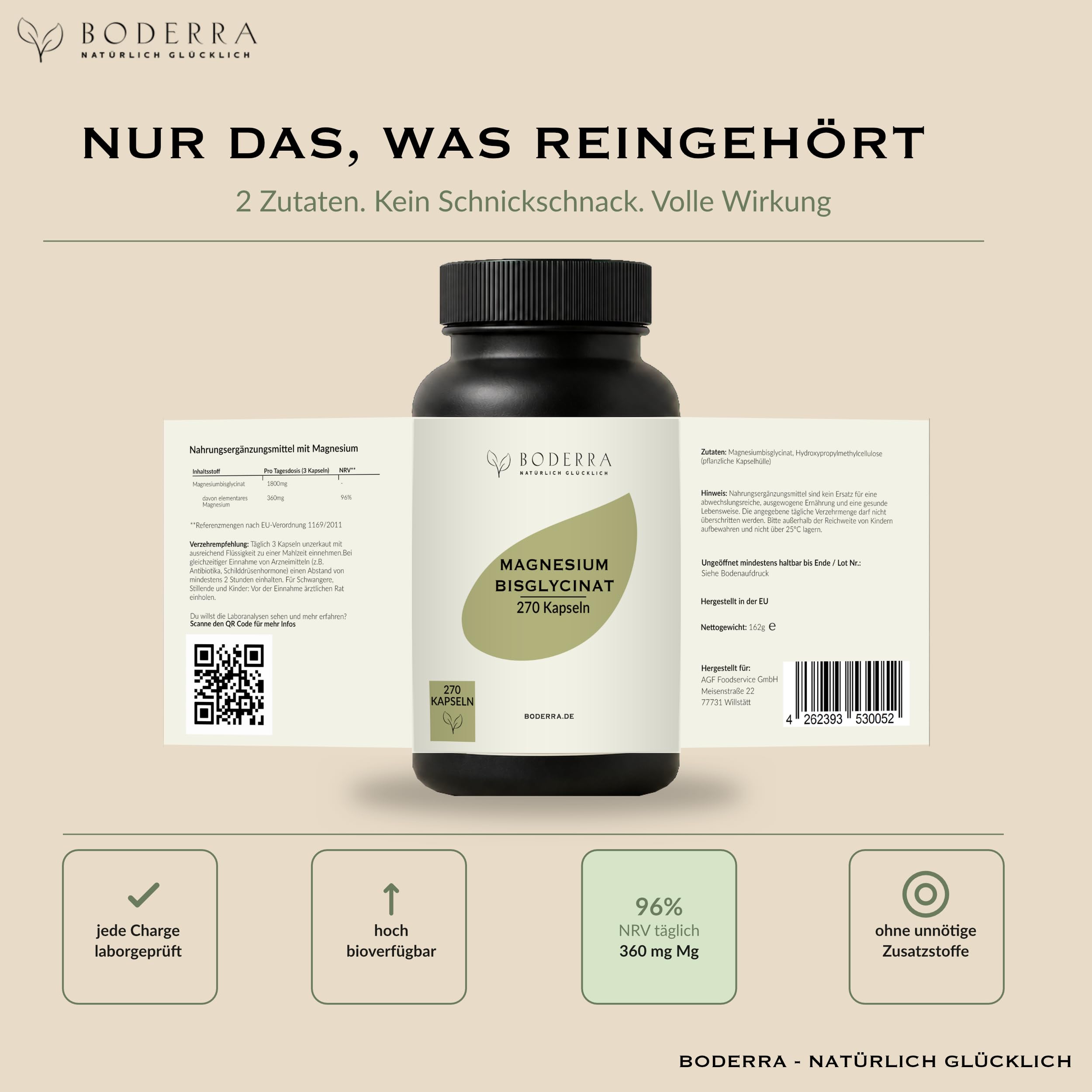 270 Kapseln Magnesium Bisglycinat – Hochdosiert mit 360mg elementarem Magnesium glycinat pro Tagesdosis – 3 Monate Vorrat – Vegan & Laborgeprüft in Deutschland – reines Chelat ohne Zusätze – Boderra 8