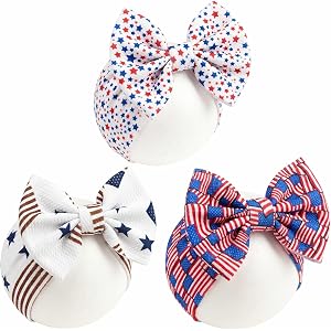 4th of July Baby Girl Bows Headbands with American Flag and Stars,3Pcs 6.3 inches Hair Bows Headband for Girls,Independence D
