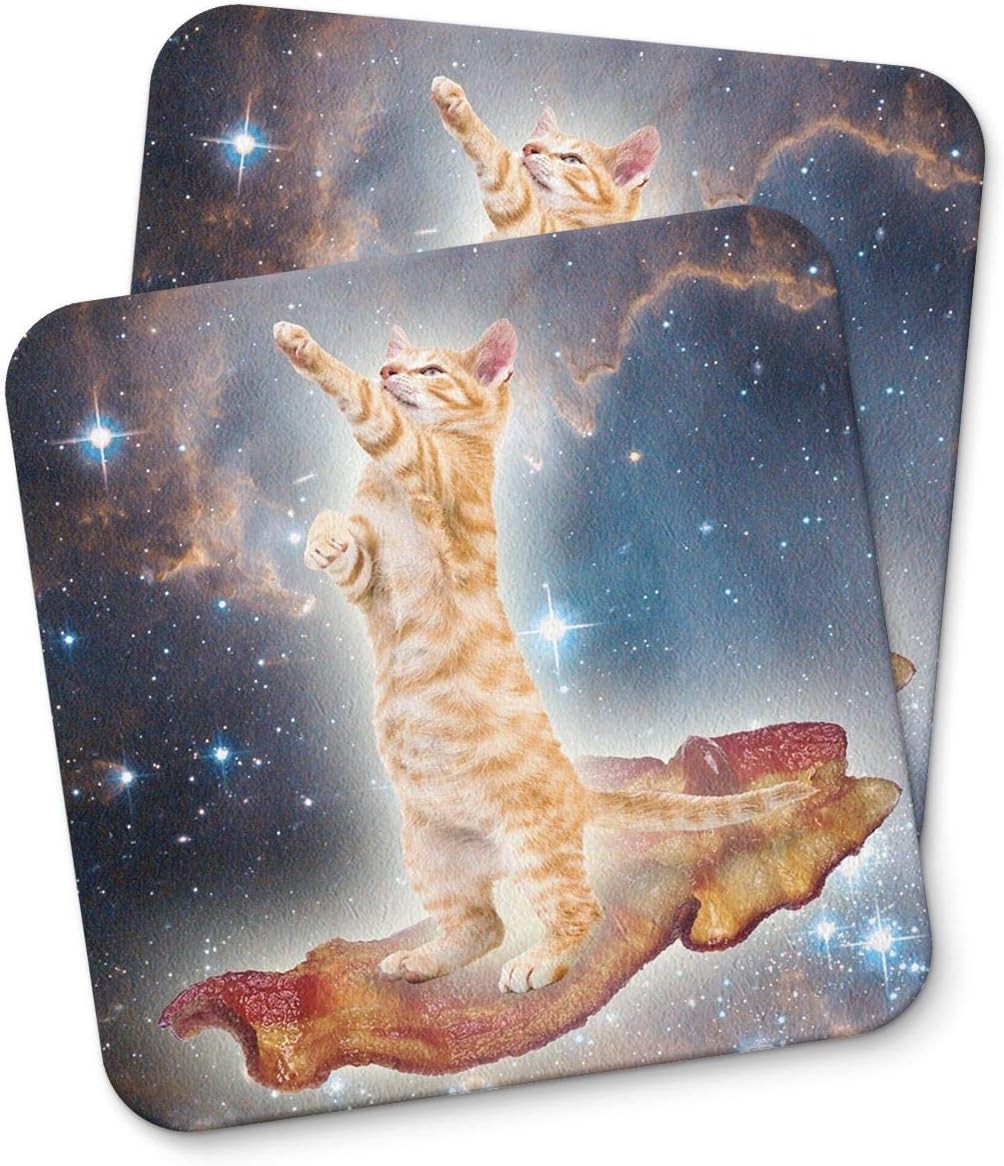 Cat Spaceship Bacon Funny Coaster For Drinking Coffee Tea Beverages Mug Cup Kitchen Home Décor Gift Coasters Funny Home Decor gifts PACK/SET OF 2