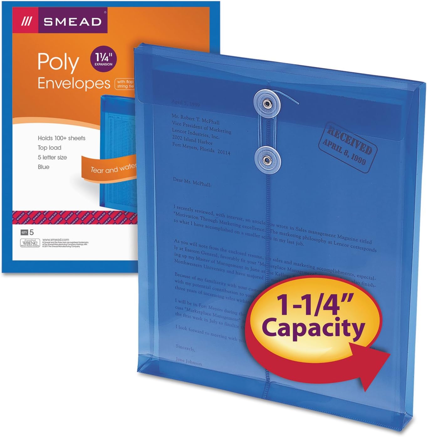 Smead 89542 Poly String & Button Envelope 9 3/4 x 11 5/8 x 1 1/4 Blue 5/Pack Envelopes, Mailers