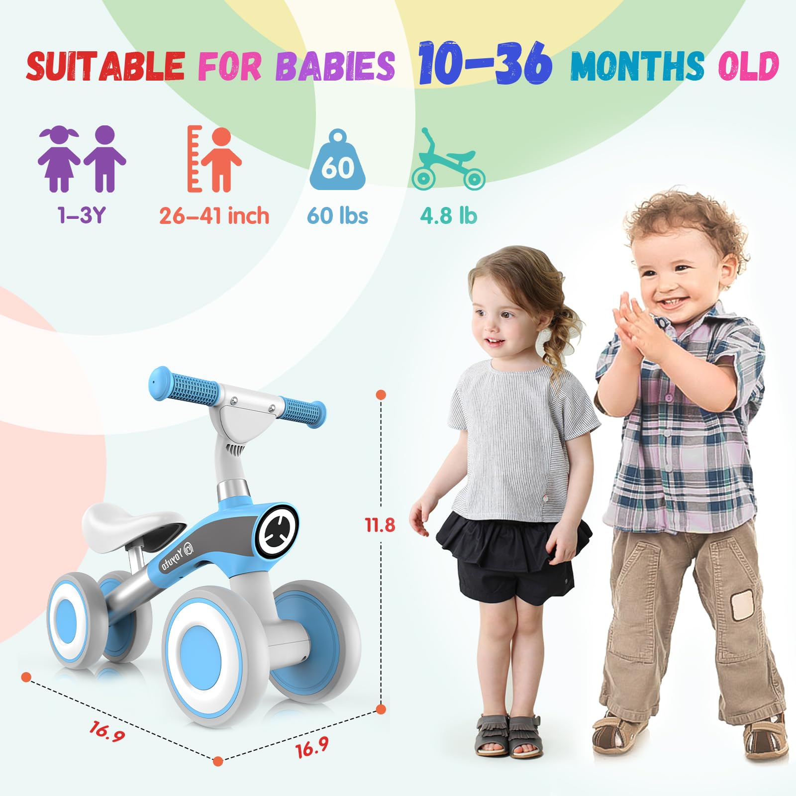 Yoyuto Baby Balance Bike for 1 Year Old Boys Girls 12-36 Month Toddler, 4 Silence Wheels Soft Seat Pre-School First Riding Toys Toddler First Birthday Gifts (Blue)