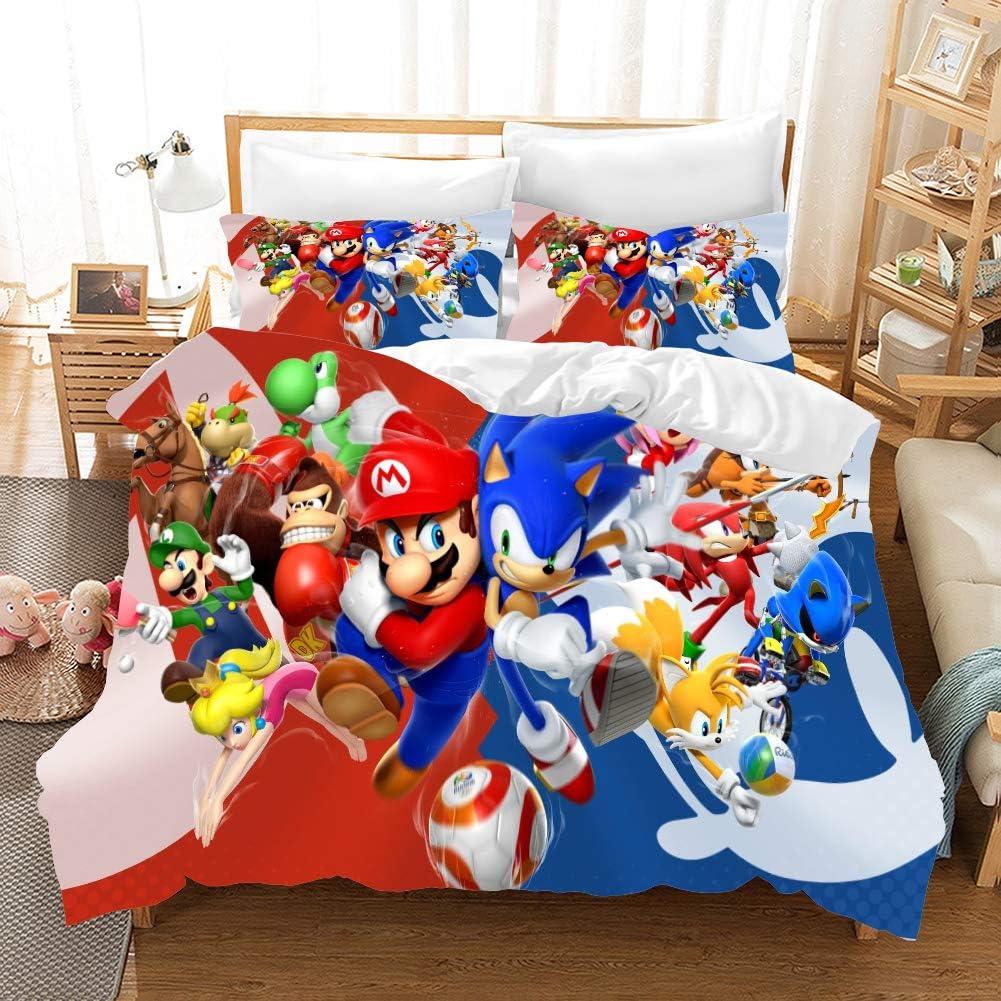 ROMOO Sonic The Hedgehog Game Duvet Cover Set for Kids Cute 3D Cartoon Printed Bed Set Super Soft Microfiber Boys Bedding 3Piece Including 1Duvet Cover,2Pillowcases,Full