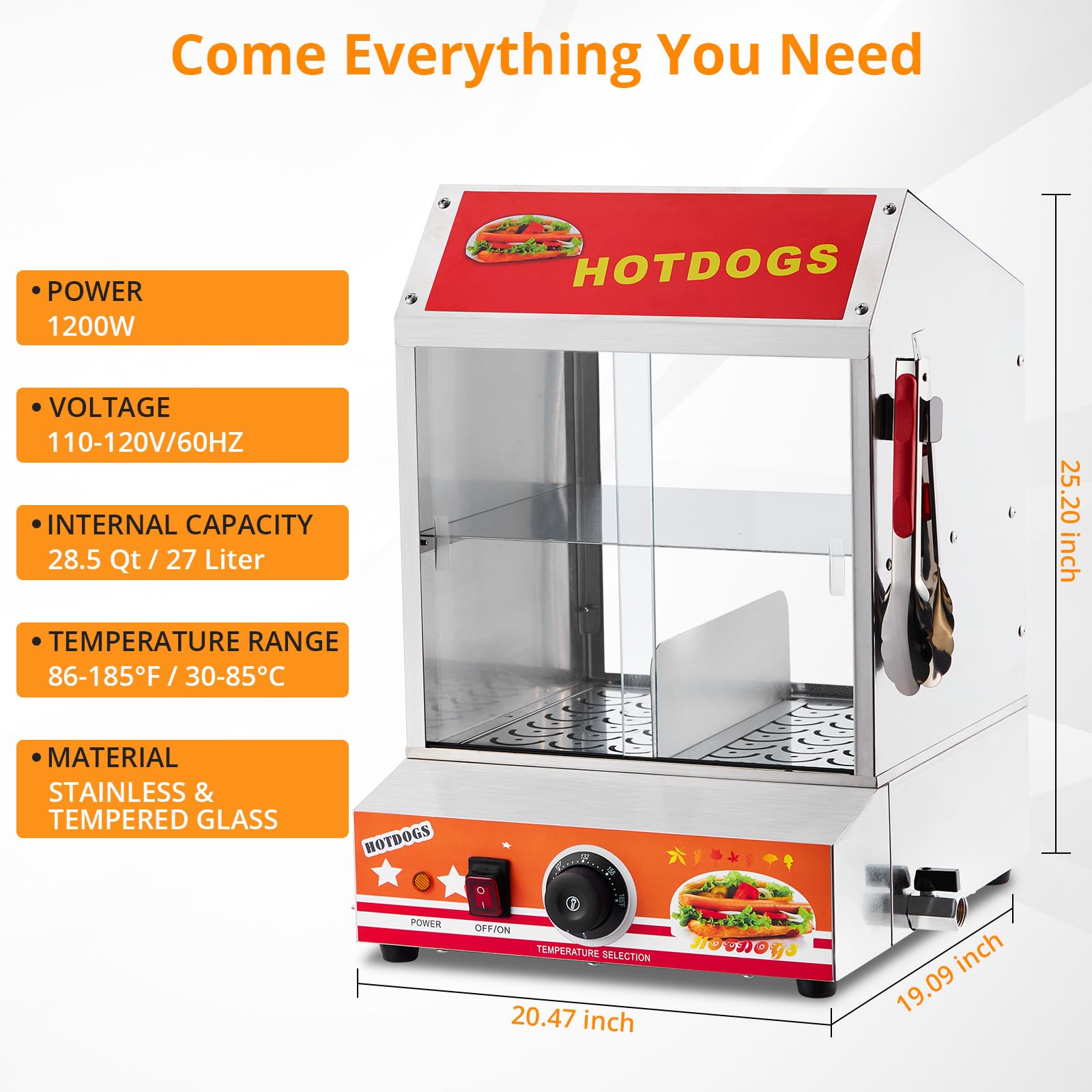 ACONEE Hot Dog Steamer, 2-Tier Hot Dog Steamer with Bun Warmer Adjustable Temperature, 28.5 QT Electric Bun Warmer Cooker Glass Sliding Door Partition, Stainless Steel, Steaming 175 Hot Dogs & 40 Buns