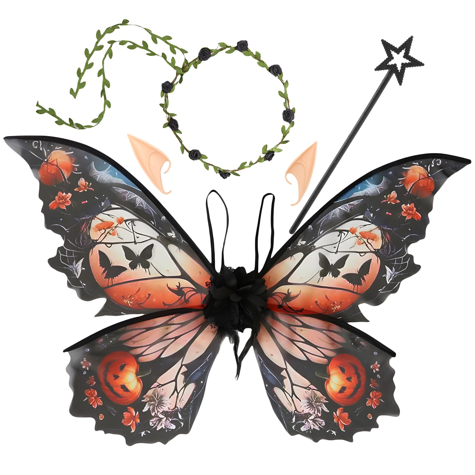 Snylcce Fairy Wings for Adults, Fairy Costume Set with Floral Garland, Hair Tinsel, Wand & Elf Ears Butterfly Wings — image 1